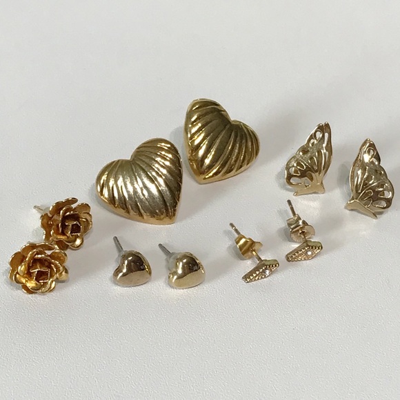 Vintage Cute Gold Stud Earring Lot 5 Puffy Heart Avon Butterfly 3D Rose 80s 90s - Picture 2 of 12